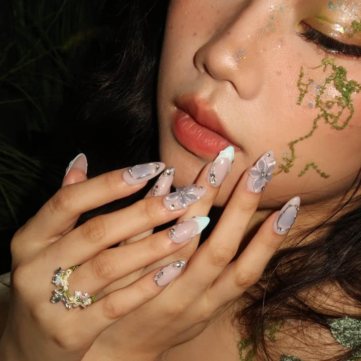 Cerulean Bloom Almond Press On Nails – Reusable Salon Quality Nail Set