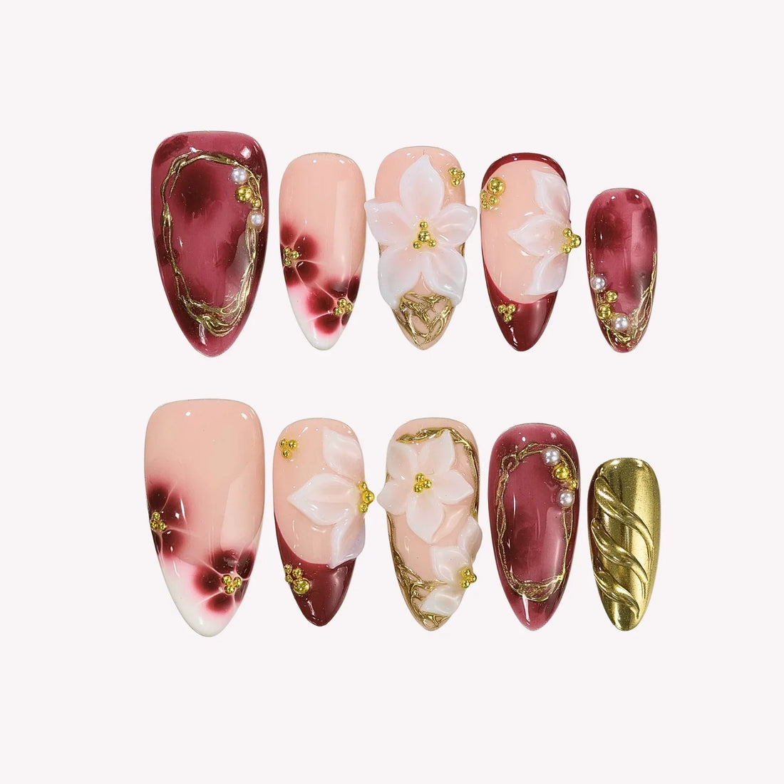 Cherry Wine – Medium Almond Burgundy Floral Press On Nails