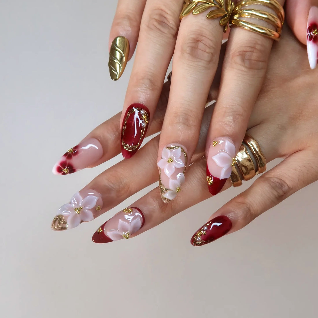 Cherry Wine – Medium Almond Burgundy Floral Press On Nails