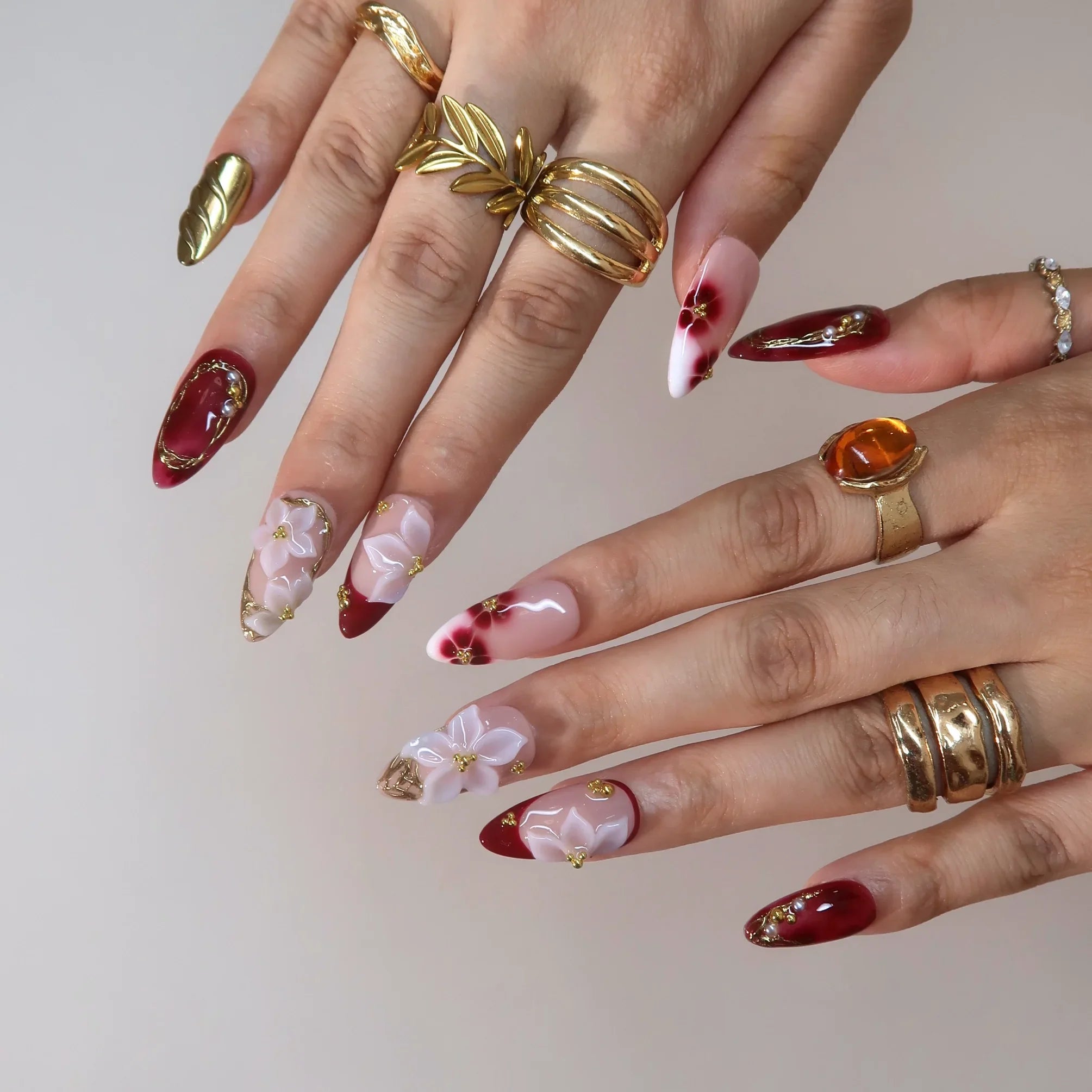 Cherry Wine – Medium Almond Burgundy Floral Press On Nails