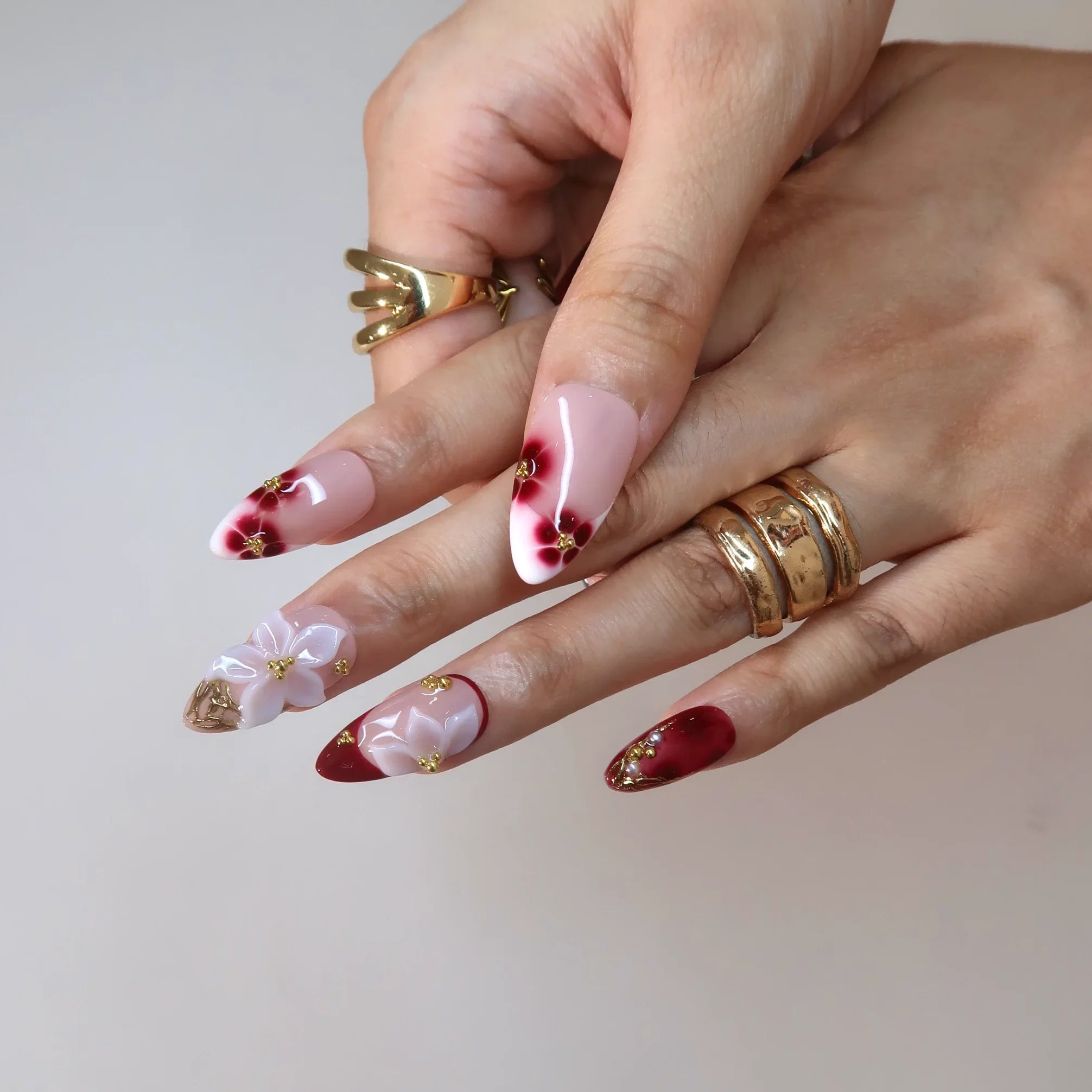 Cherry Wine – Medium Almond Burgundy Floral Press On Nails