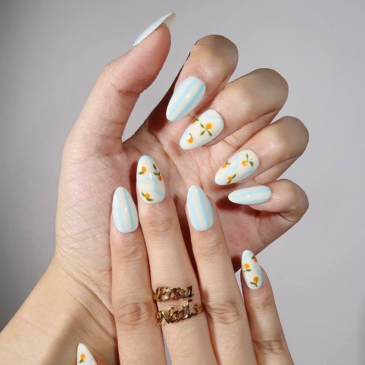 Citrus Candy Fruit Press On Nails – Blue Stripe Short Almond