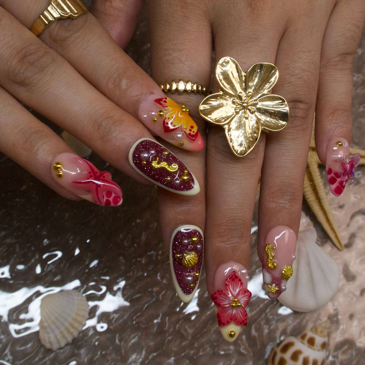 Coral Blossom Tropical Floral Press On Nails