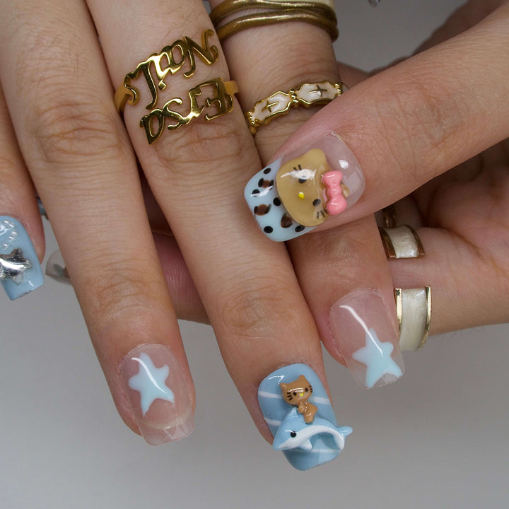 Dolphin Girl Blue Cartoon Press On Nails