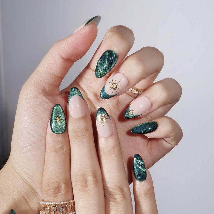Emerald Cosmos – Almond Press On Nails