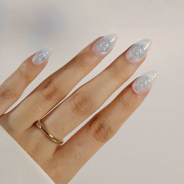 Blue Blue Heart – Almond Press On Nails