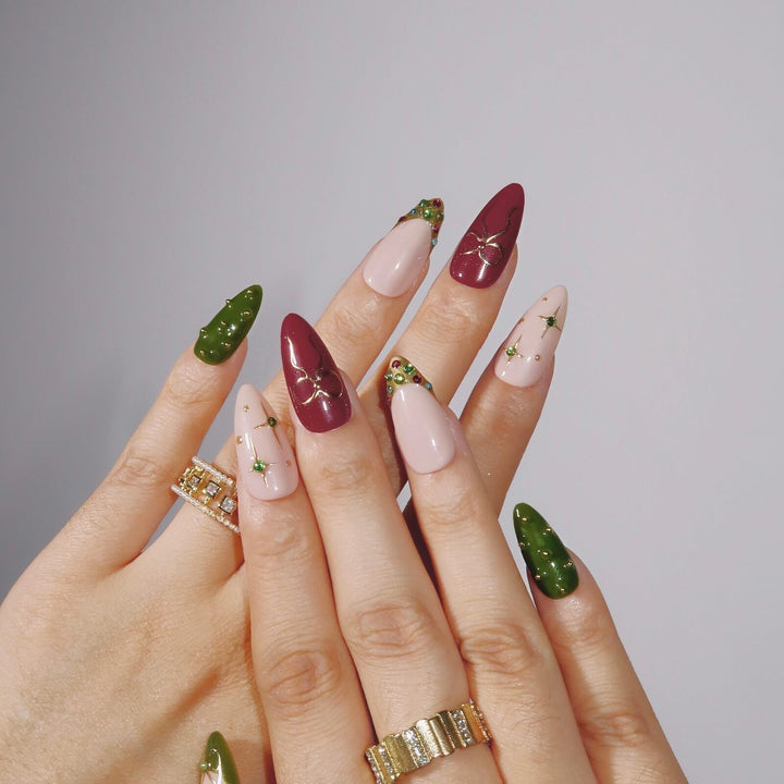 Green Evergreen Bliss – Almond Press On Nails