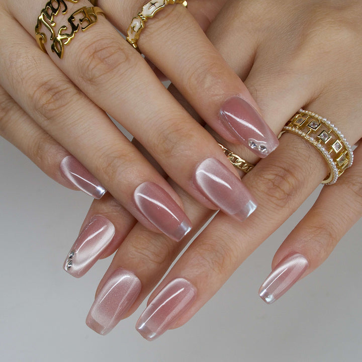 Fairydust Pink Chrome French Tip Press On Nails – Short Coffin