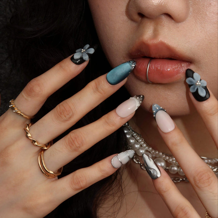 For the Night Black Blue Cat Eye Press On Nails