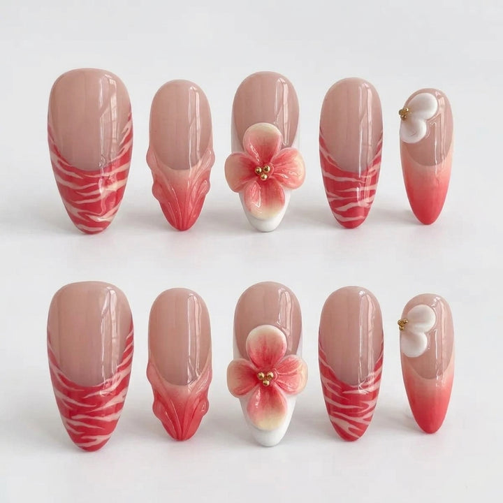 Glossy Red Nude Floral Almond Valentine Press On Nails