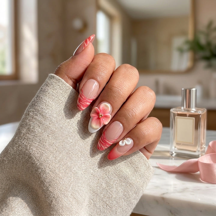 Glossy Red Nude Floral Almond Valentine Press On Nails