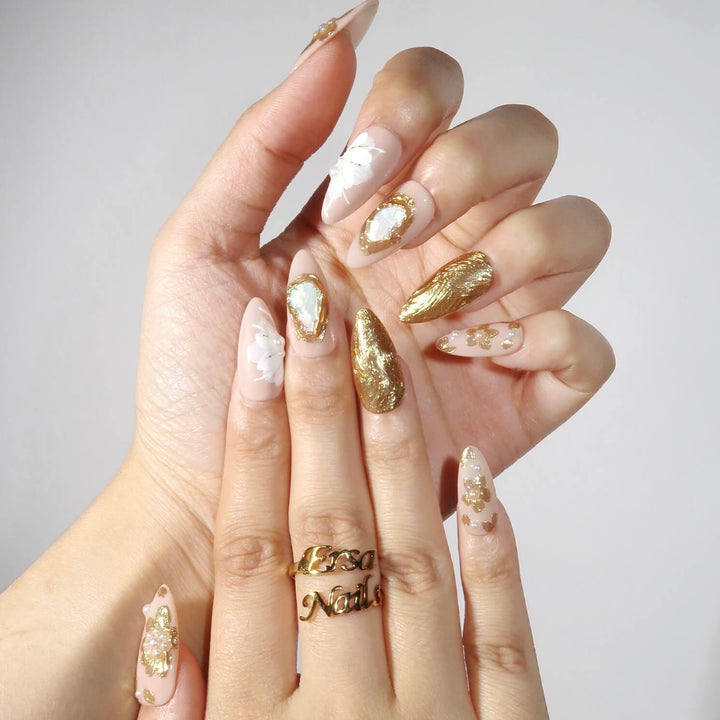 Golden Magnolia Gold Floral Bridal Press On Nails