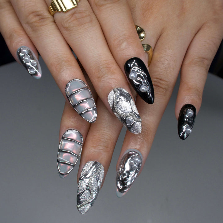 Insane Black Silver Chrome Press On Nails