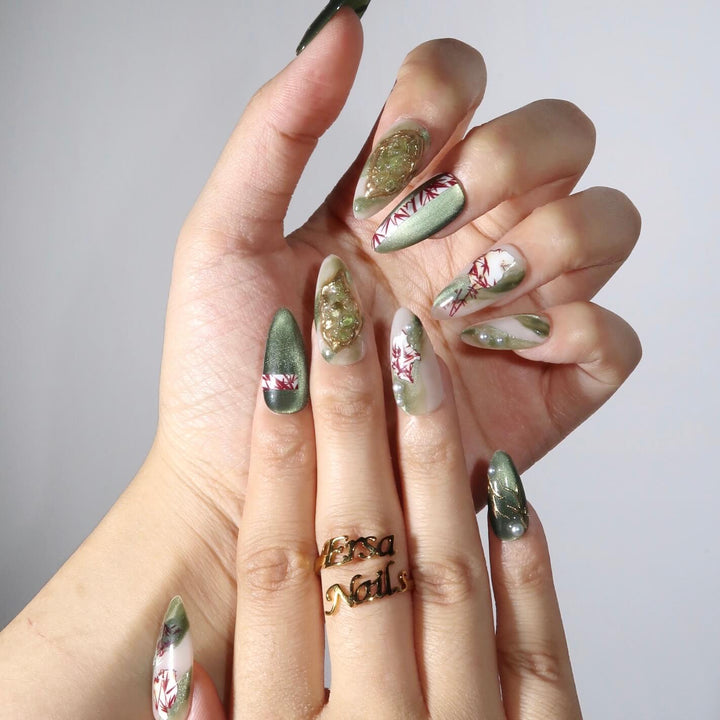 Jade Bamboo Green Cat Eye Press On Nails