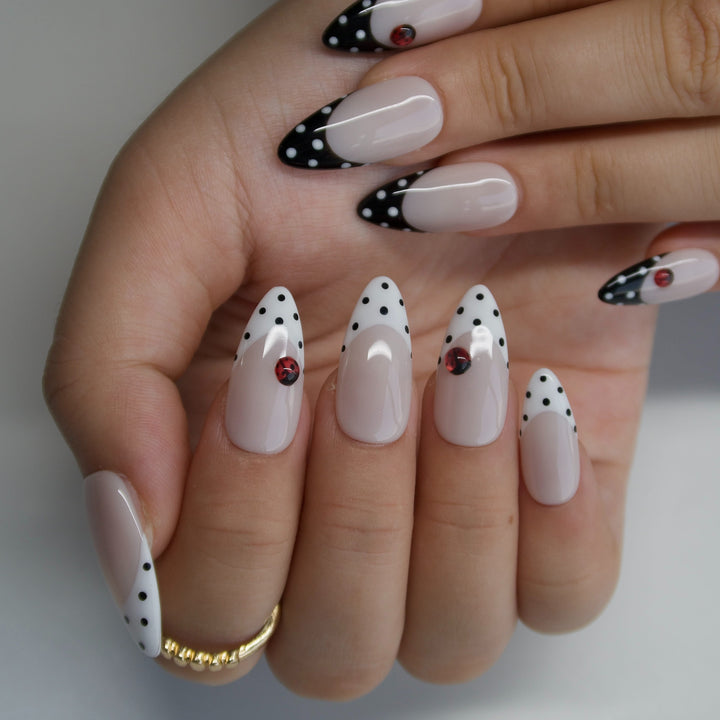 Ladybug Black Polka Dot Press On Nails – Medium Almond