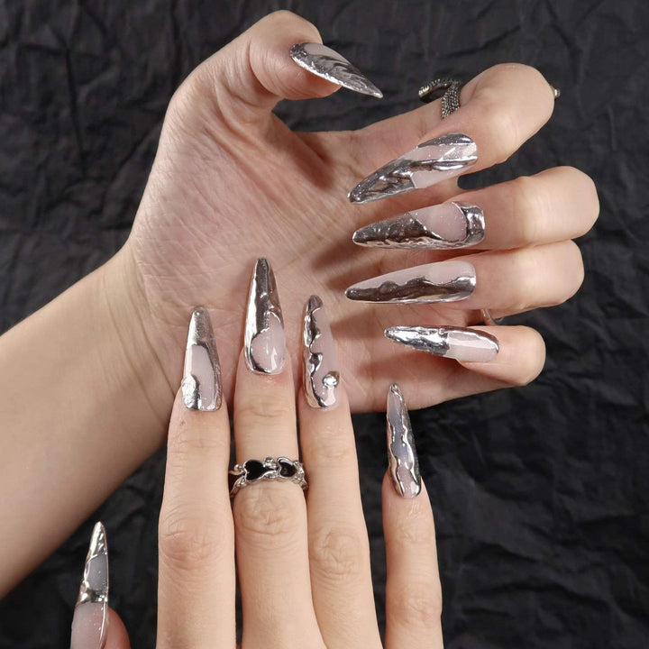 Liquid Mercury Almond Press On Nails – Reusable Salon Quality Nail Set