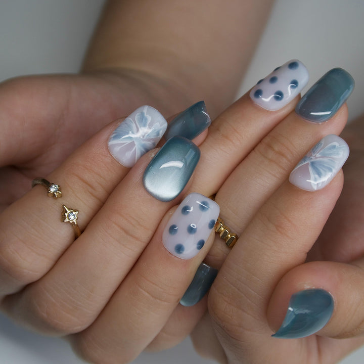 Lovesome Blue Floral Polka Dot Press On Nails – Short Square