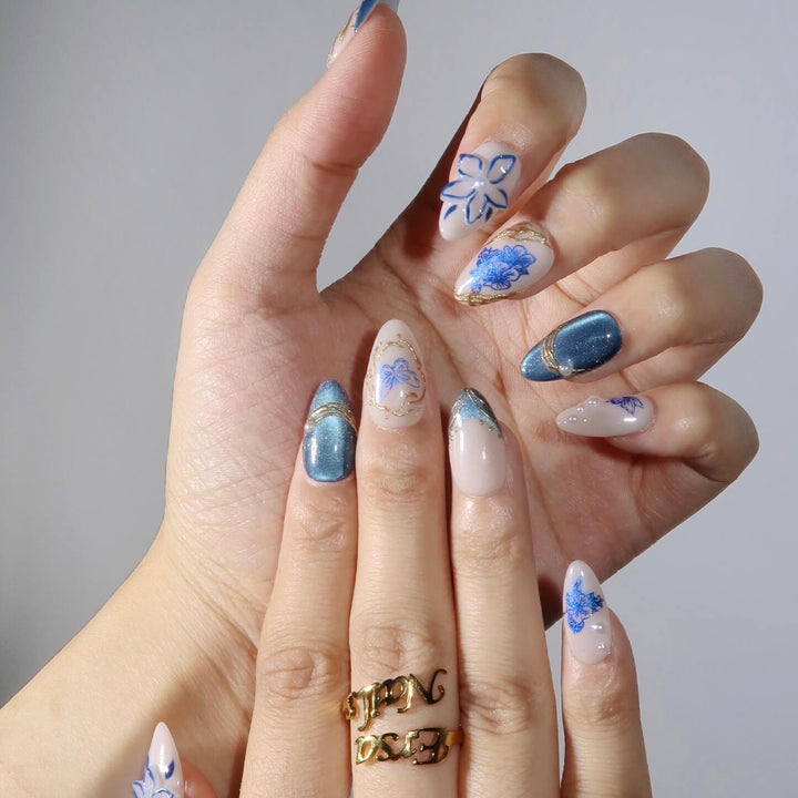 Lunaflora Blue Cat Eye Floral Press On Nails