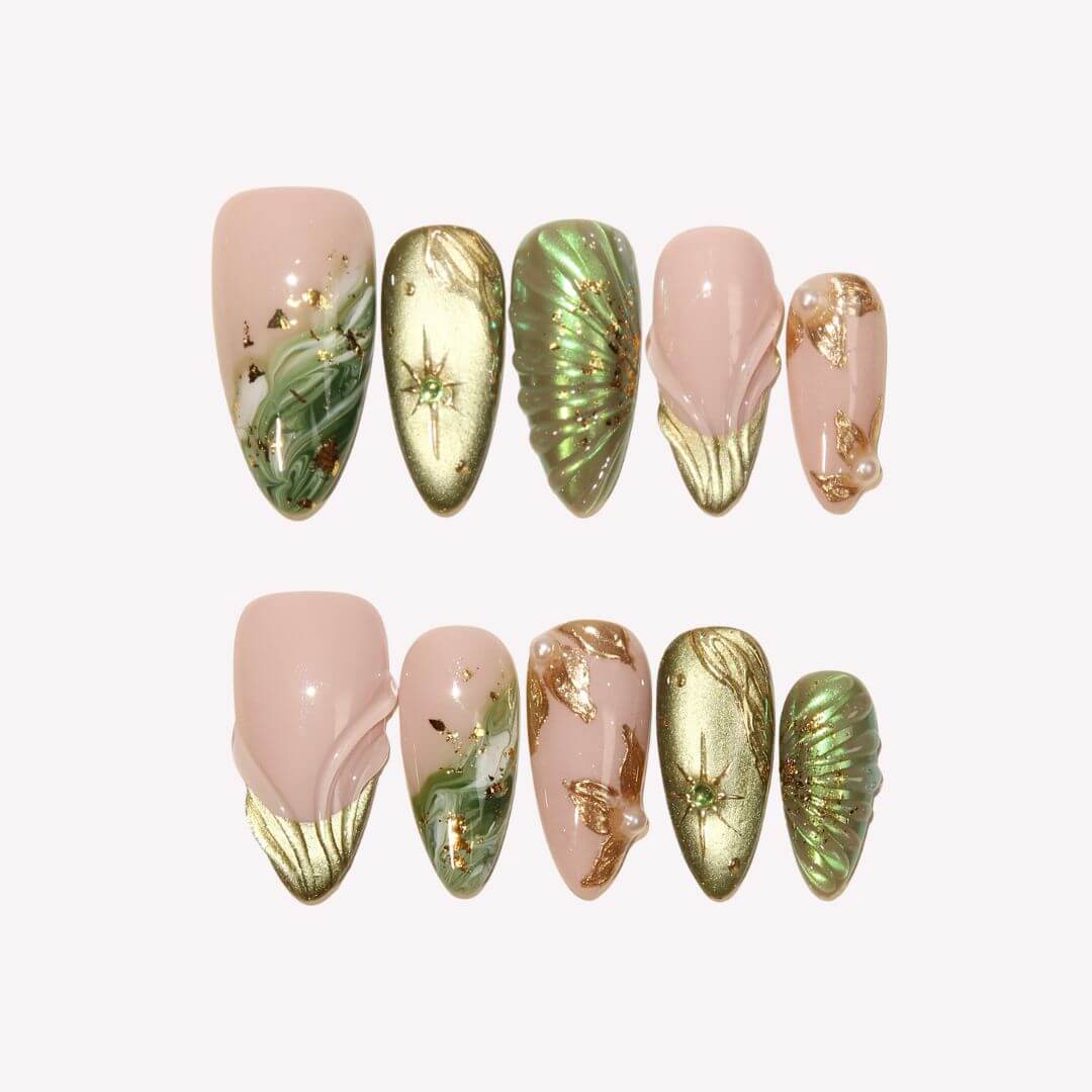 Lush Green Press On Nails – Handmade Marble & Gold Nail Art
