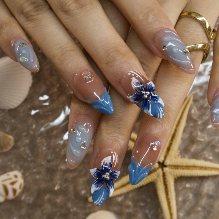 Marine Bliss Blue Floral Press On Nails