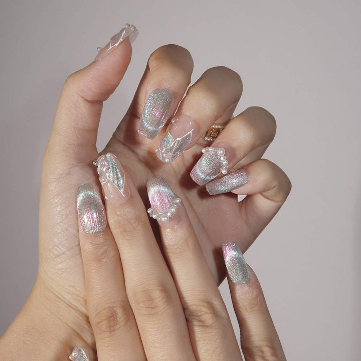 Mermaid's Melody Almond Press On Nails – Reusable Salon Quality Nail Set