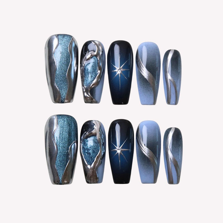 Midnight Swirl – Almond Press On Nails