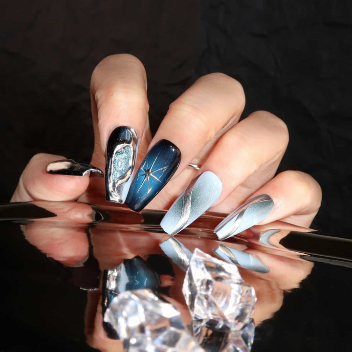 Midnight Swirl – Almond Press On Nails