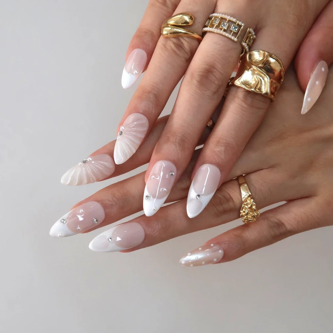 Milky Crystal – Medium Almond Pearl Press On Nails