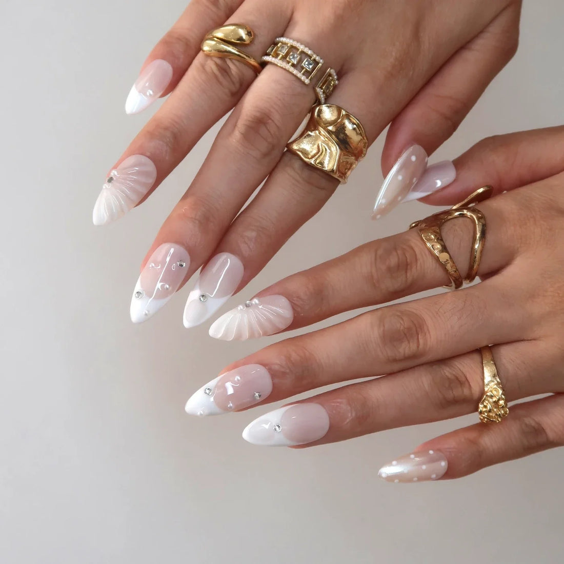 Milky Crystal – Medium Almond Pearl Press On Nails