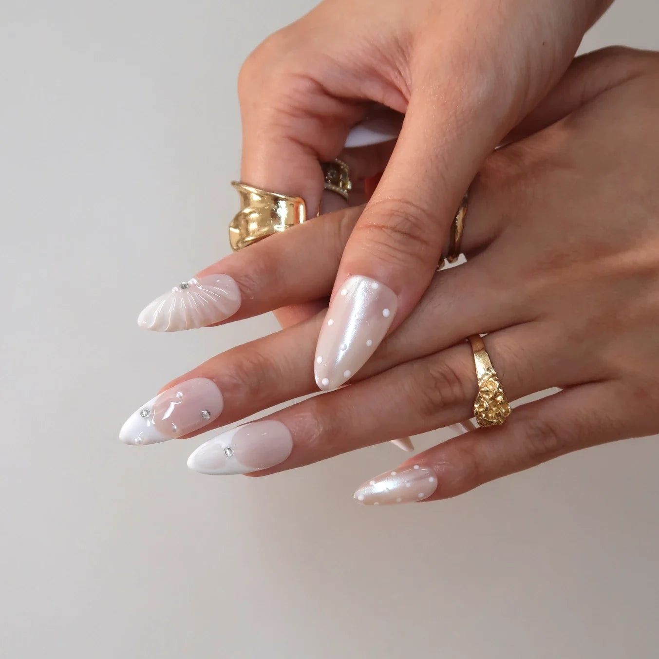 Milky Crystal – Medium Almond Pearl Press On Nails