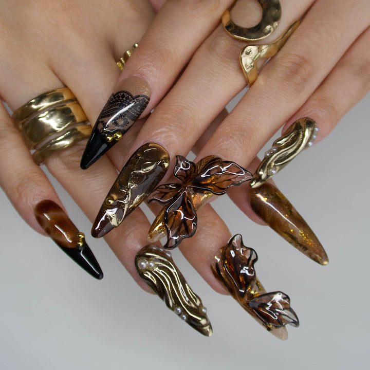 Fallen Muse Brown & Gold Press On Nails