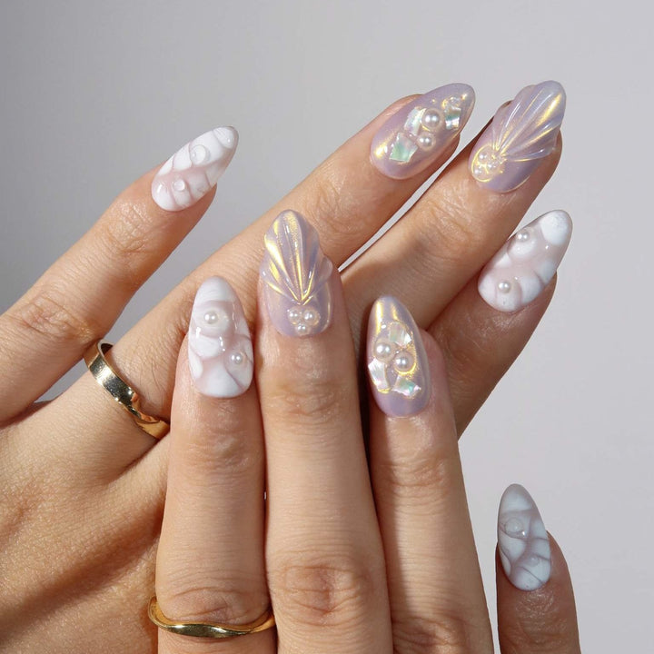 Pearl Seashell – Almond Press On Nails