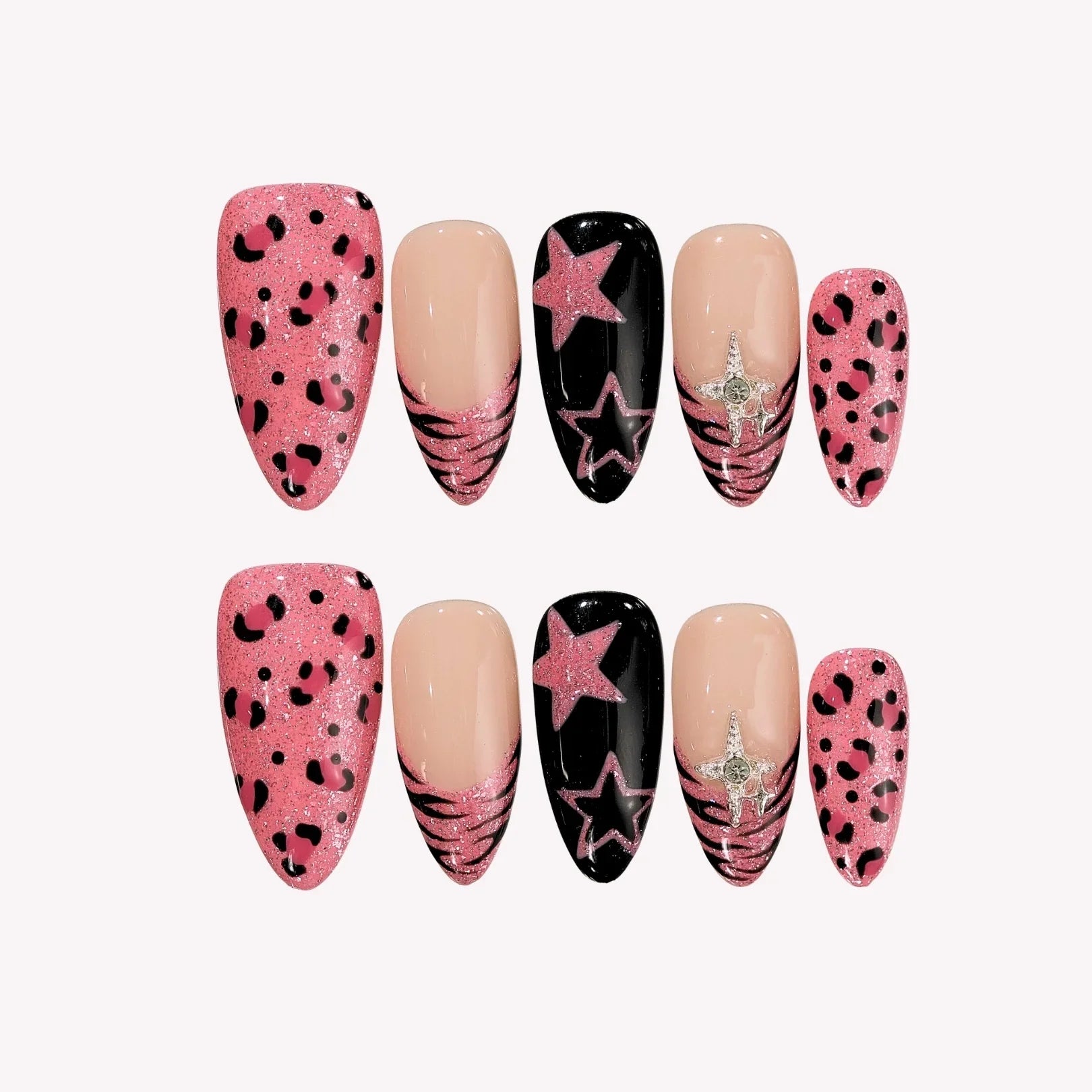 Pink Riot – Medium Almond Y2K Leopard Press On Nails