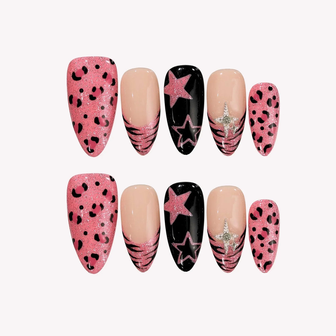 Pink Riot – Medium Almond Y2K Leopard Press On Nails
