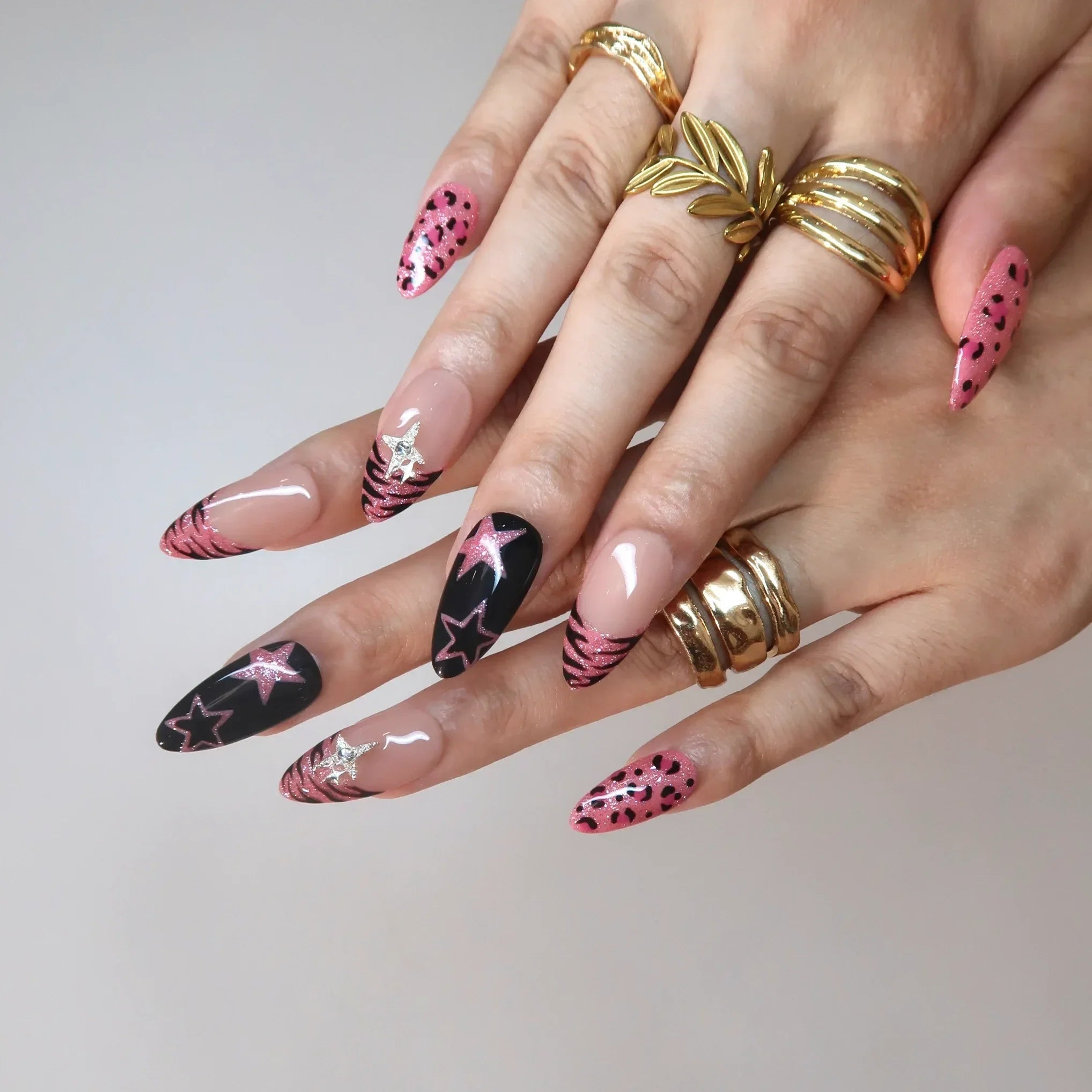 Pink Riot – Medium Almond Y2K Leopard Press On Nails