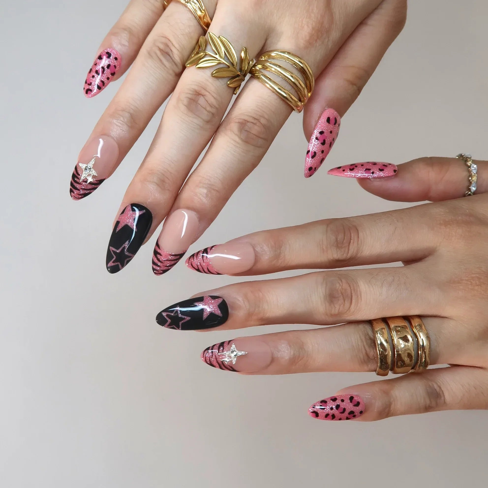 Pink Riot – Medium Almond Y2K Leopard Press On Nails
