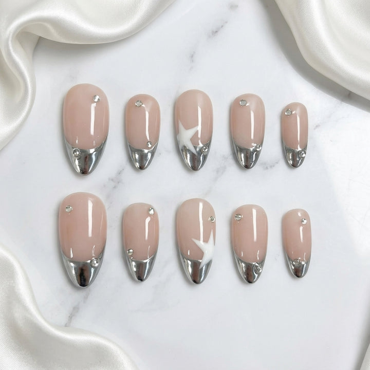 Silver Chrome French Tip Press On Nails