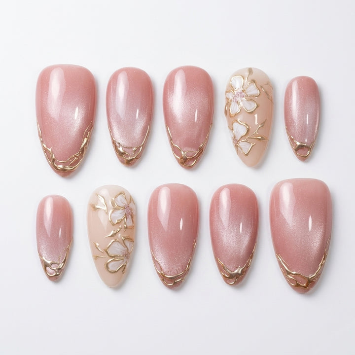 Rose Glow Floral Gold Press-On Nails