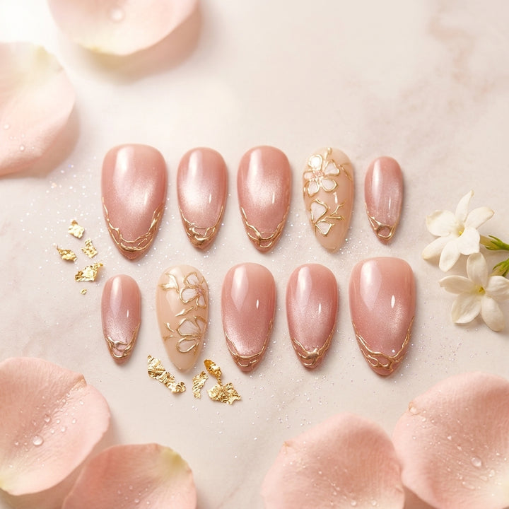 Rose Glow Floral Gold Press-On Nails