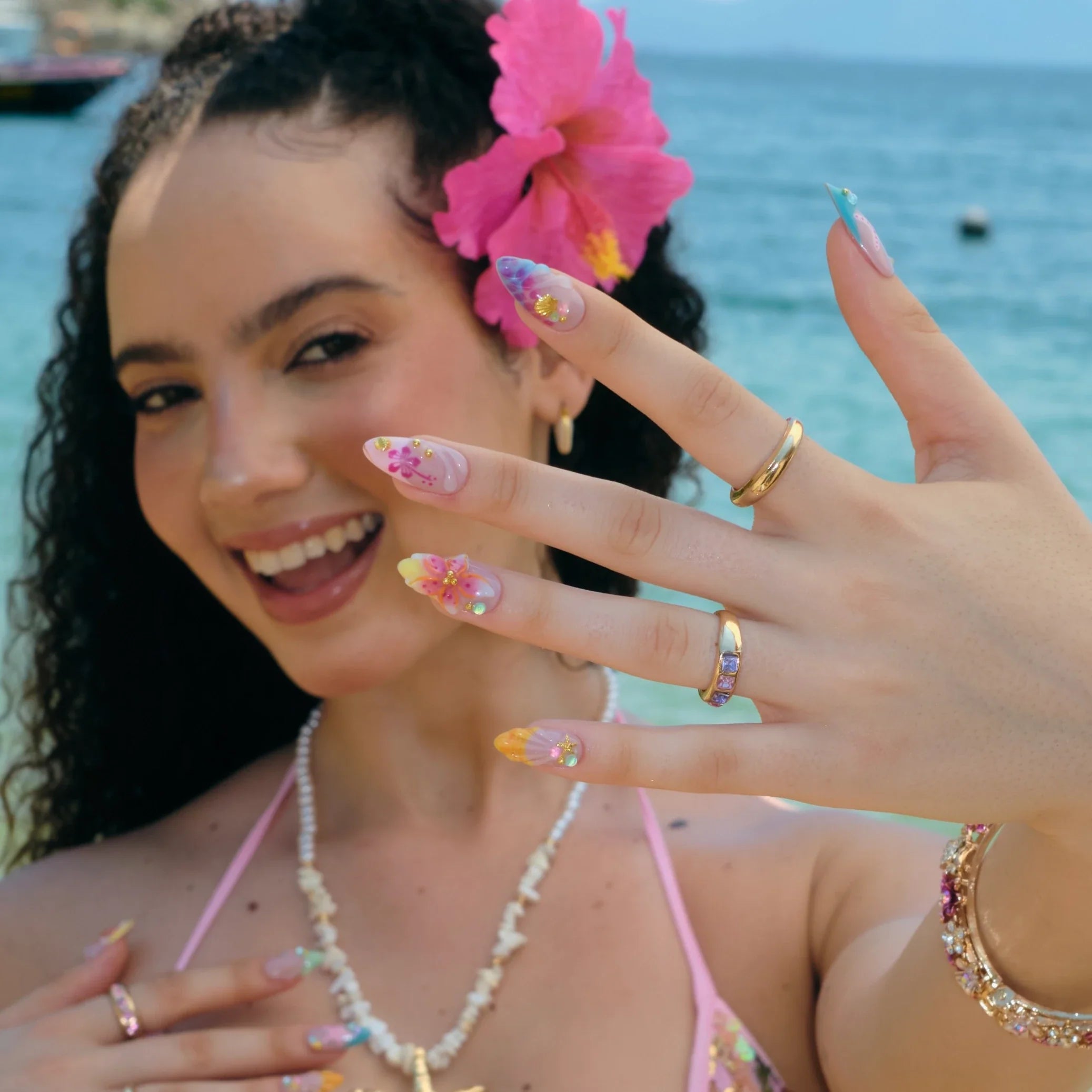 Sangria – Medium Almond Tropical Floral Press On Nails