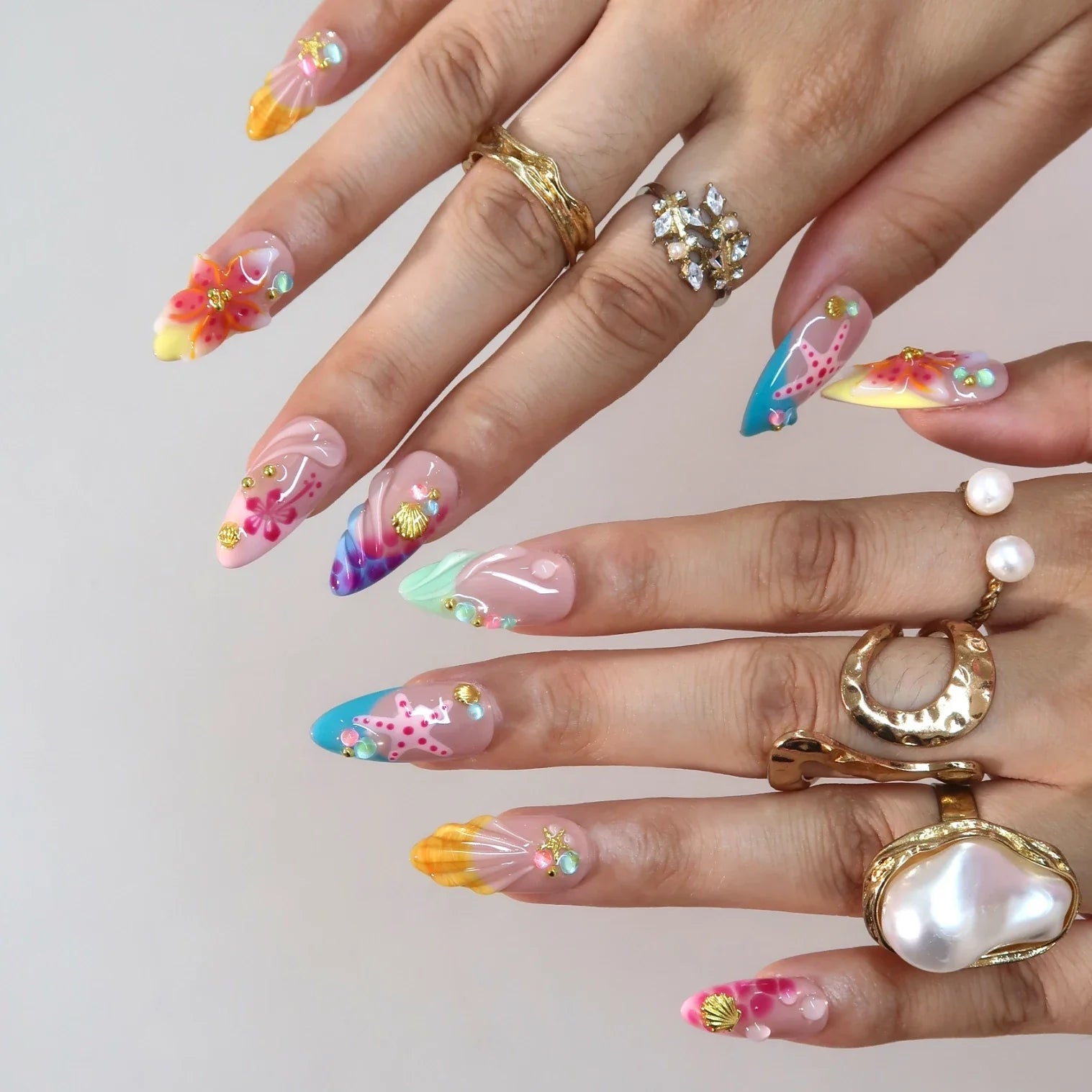 Sangria – Medium Almond Tropical Floral Press On Nails