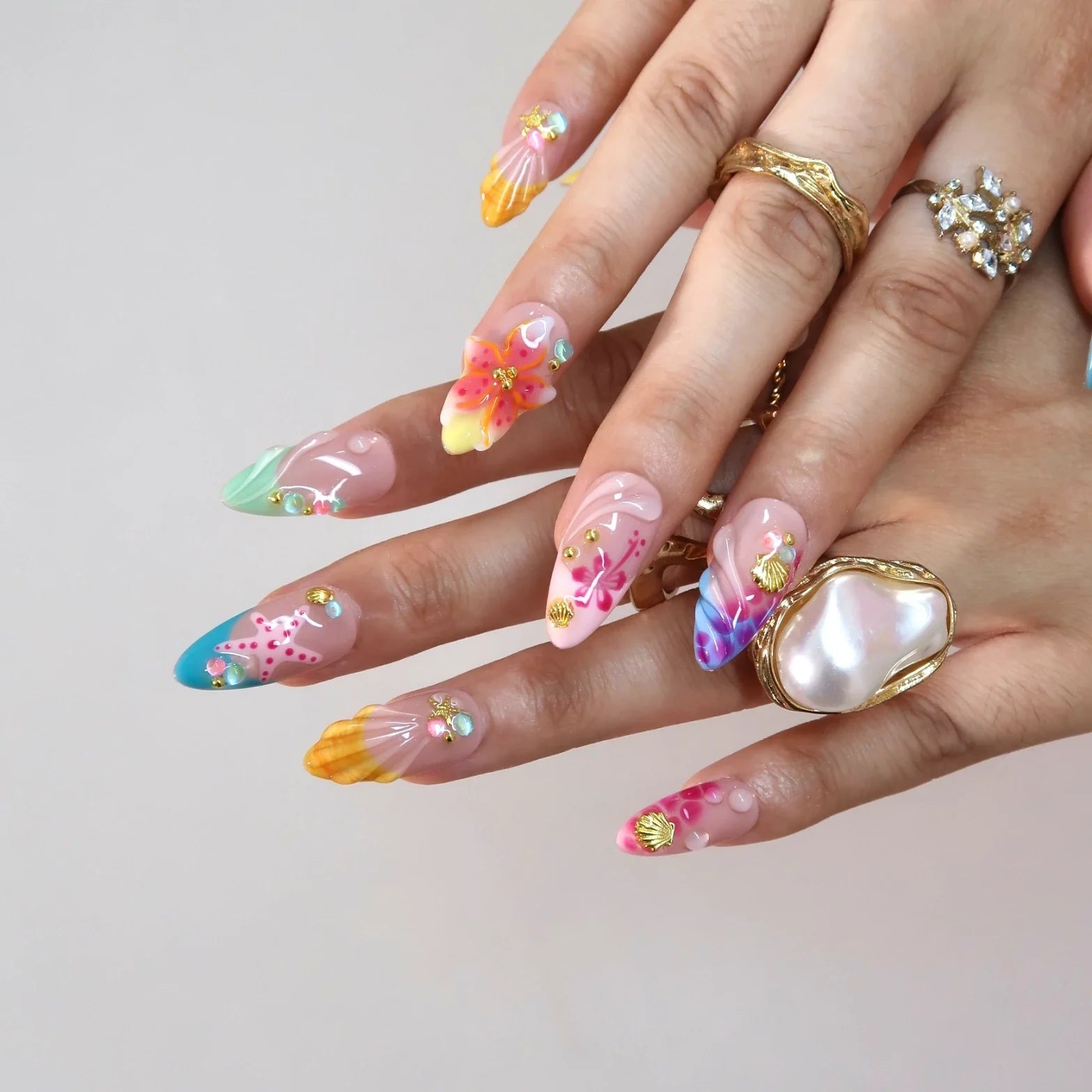 Sangria – Medium Almond Tropical Floral Press On Nails