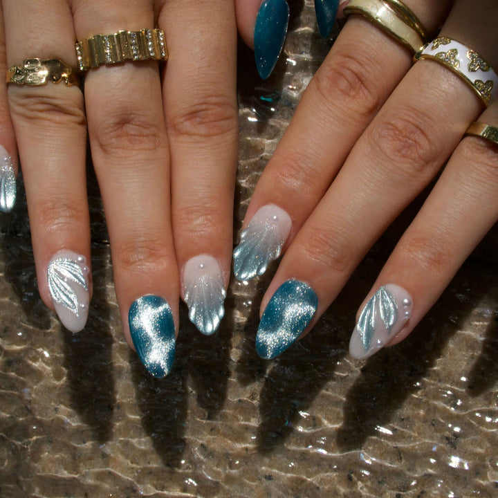 Seafoam Blue Mermaid Cat Eye Press On Nails