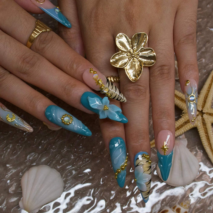 Seaspray Ocean Blue Press On Nails – Long Oval Starfish Design