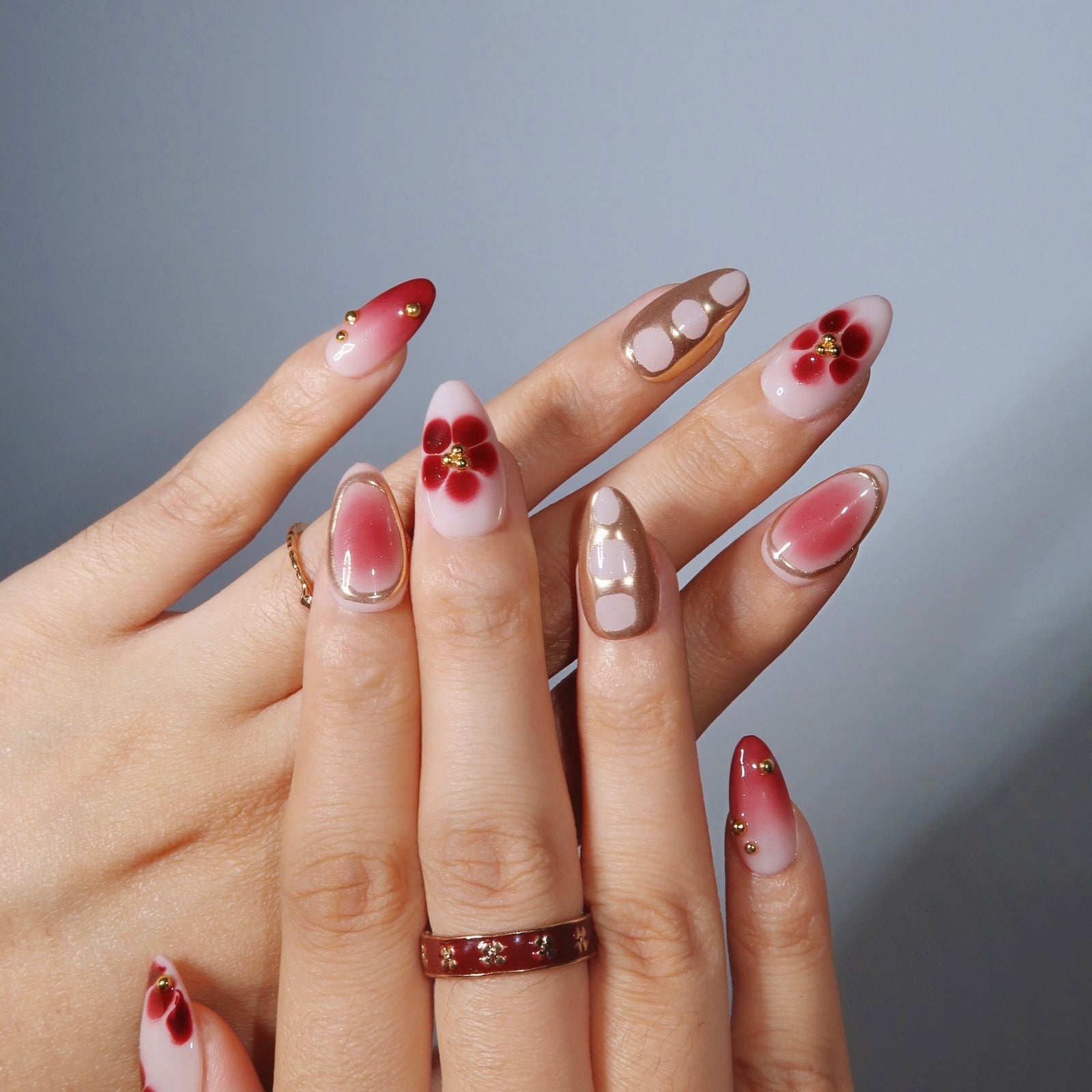 Spiced Bloom Red Floral Press On Nails