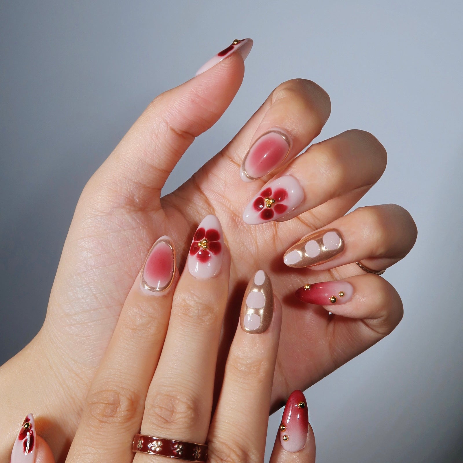 Spiced Bloom Red Floral Press On Nails