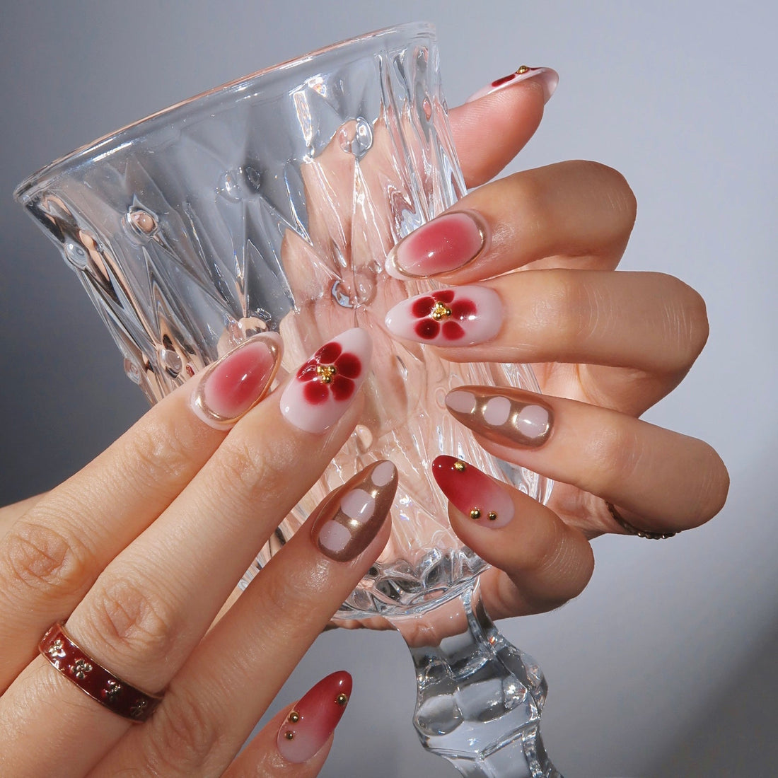 Spiced Bloom Red Floral Press On Nails