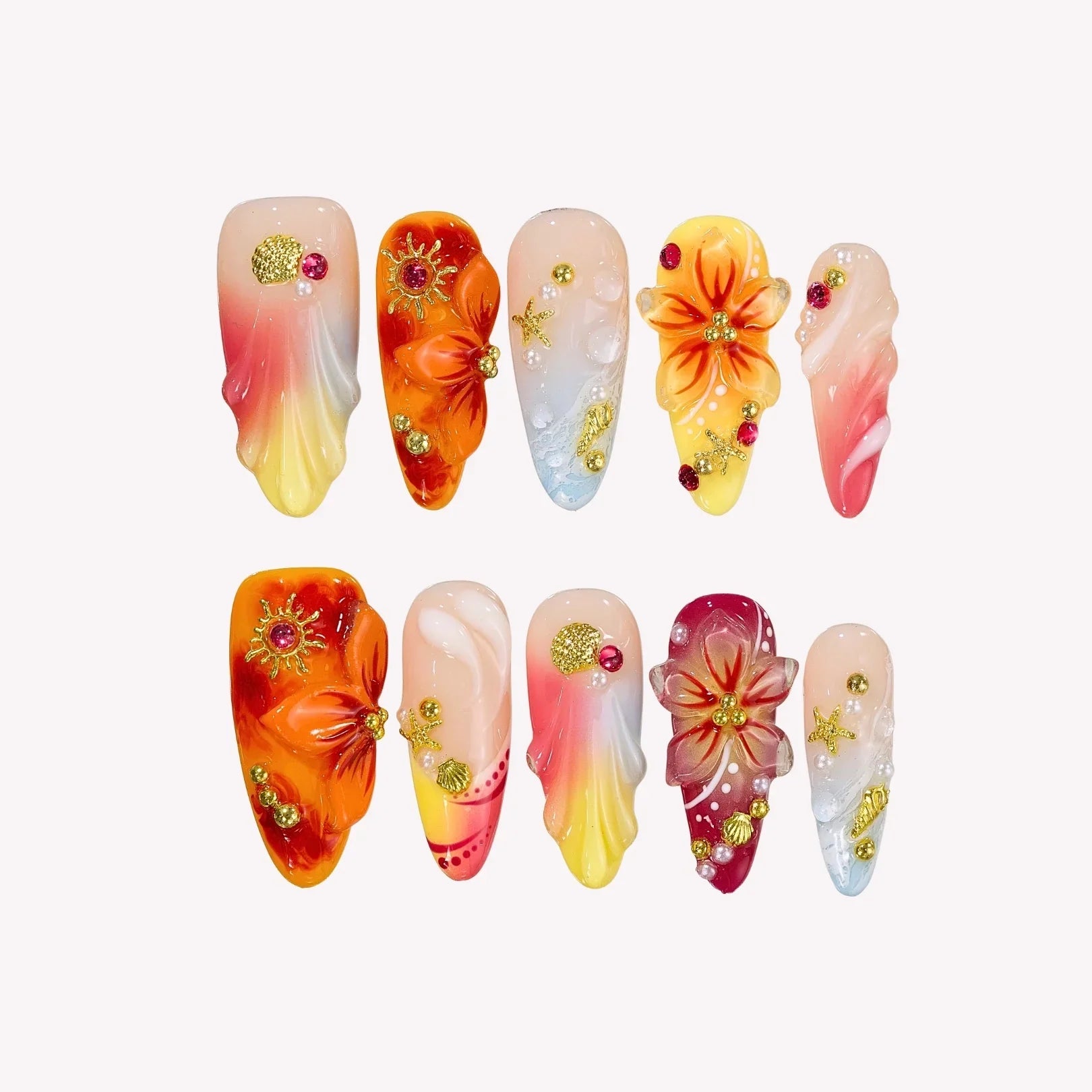 Sunshine Obsessed – Long Almond Tropical Press On Nails