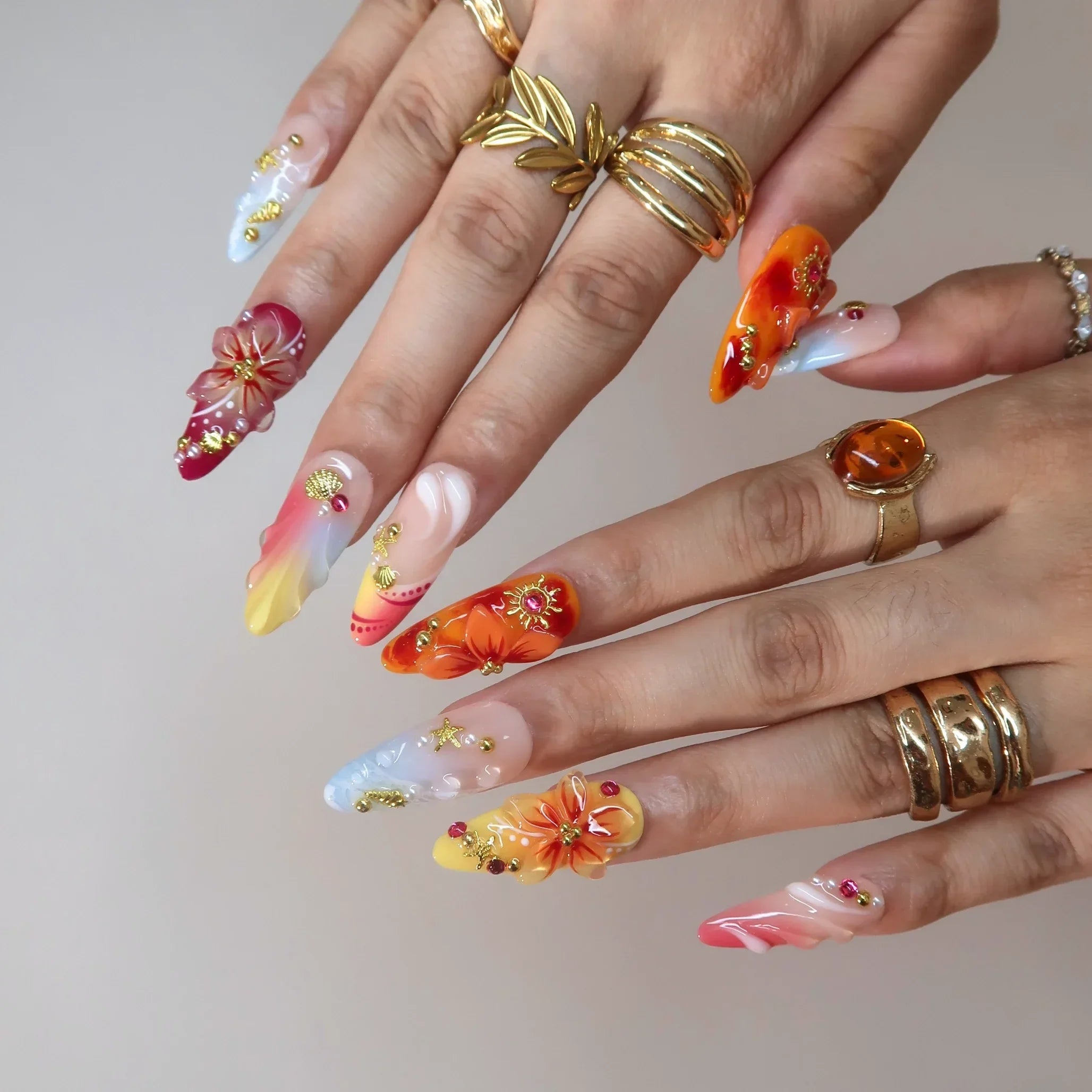 Sunshine Obsessed – Long Almond Tropical Press On Nails