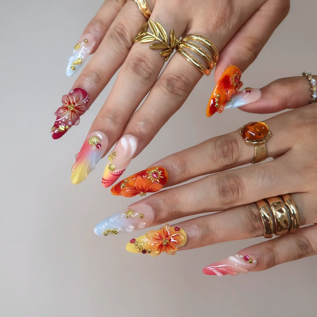Sunshine Obsessed – Long Almond Tropical Press On Nails